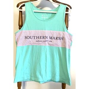 Southern Marsh Logo Tank Top Womens Medium Aqua Seersucker Stripe